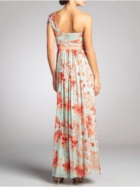 BCBGMaxAzria One-Shoulder Floral Maxi Dress in Mint and Coral